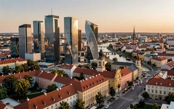 Warsaw skyline blending modern glass towers with reconstructed baroque old town along the Vistula River at sunset