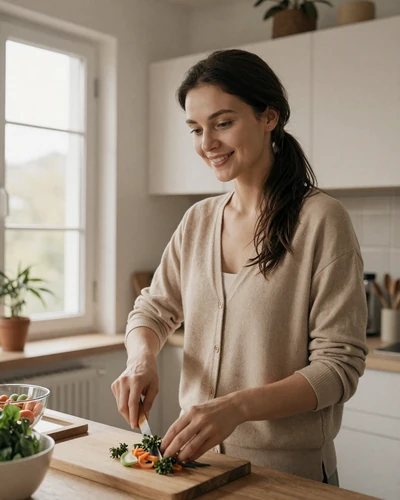 Ukrainian woman preparing a traditional meal in a modern home kitchen, illustrating family devotion