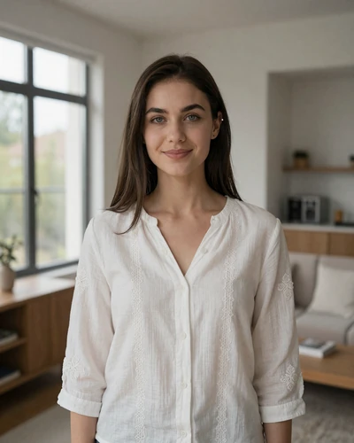 Natalya, 29, verified profile from Moscow - elegant Russian woman with dark brown hair in a modern apartment