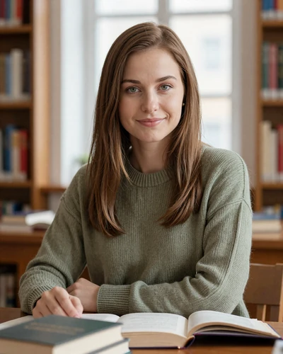 Sofiya, 27, from Kyiv - a Ukrainian woman with chestnut hair reading at a library