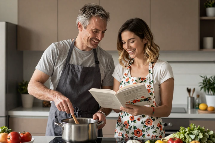 Couple cooking traditional Slavic dish together while practicing language through a cookbook in the kitchen