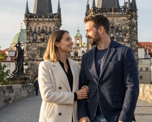 James and Petra, a successful American-Czech couple standing together on Charles Bridge in Prague