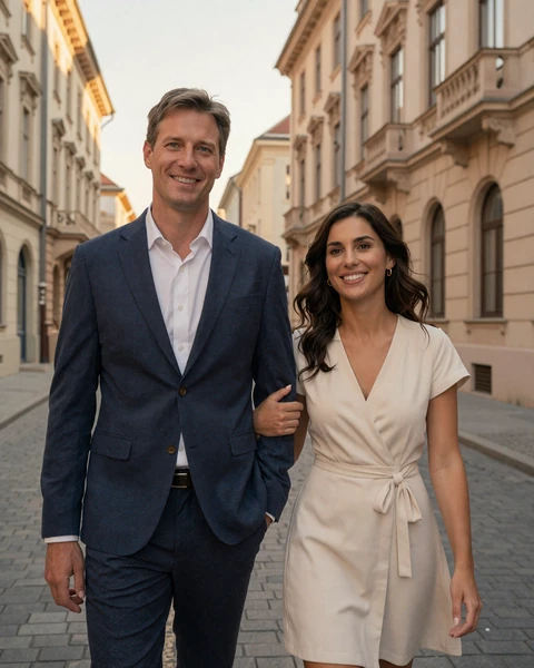 American man and Hungarian woman walking arm in arm through historic Budapest
