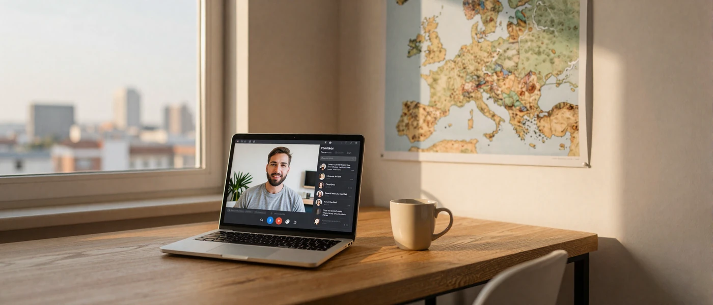 Cozy home desk setup for a long-distance video call with a Slavic partner, warm golden hour light