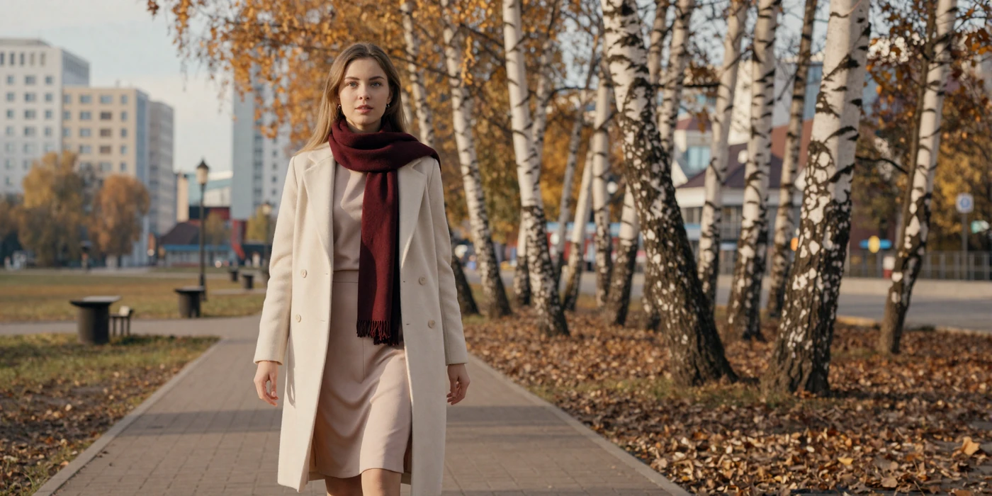 Beautiful Belarusian woman walking through a birch-lined park in Minsk during golden autumn hour