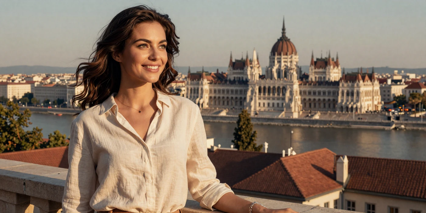 Beautiful Romanian woman smiling warmly on a Bucharest terrace at golden hour