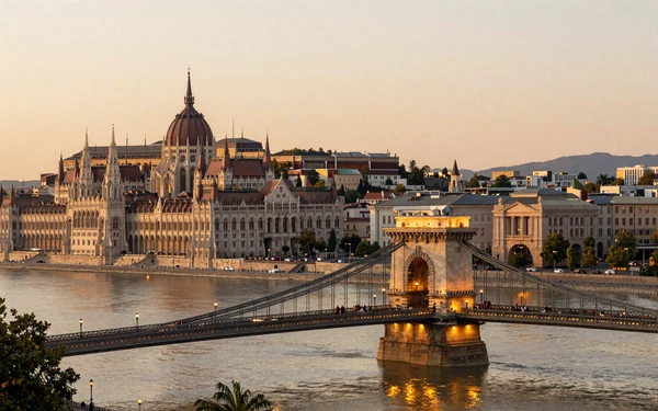 Panoramic view of Budapest at golden hour with Chain Bridge and Parliament