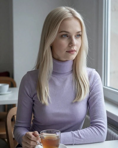 Nastya, 29, from St. Petersburg - a Russian woman with platinum blonde hair by a window
