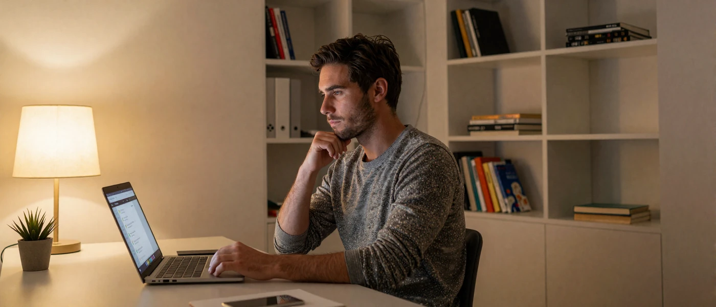 Man carefully reviewing online dating profiles at his home office, representing safe international dating practices
