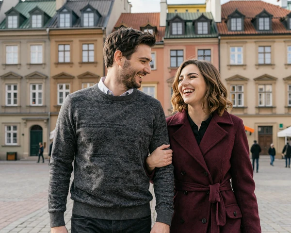 David and Natalia walking together through Warsaw Old Town, Poland
