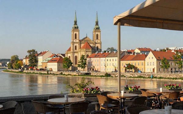 The Votive Church and Tisza riverbank in sunny Szeged, Hungary