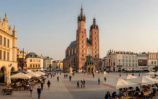 Krakow Main Market Square with Cloth Hall and St. Mary's Basilica towers in warm afternoon light