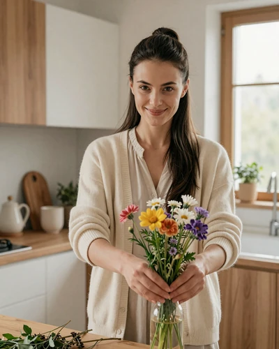 Slovakian woman arranging wildflowers at home, reflecting the warm domestic nature of Slovak singles