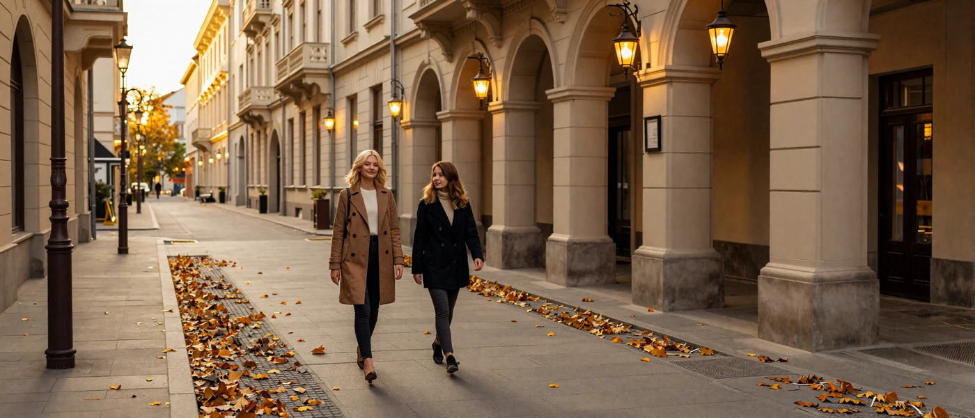 Elegant Eastern European boulevard at golden hour representing the timeless beauty of Slavic women