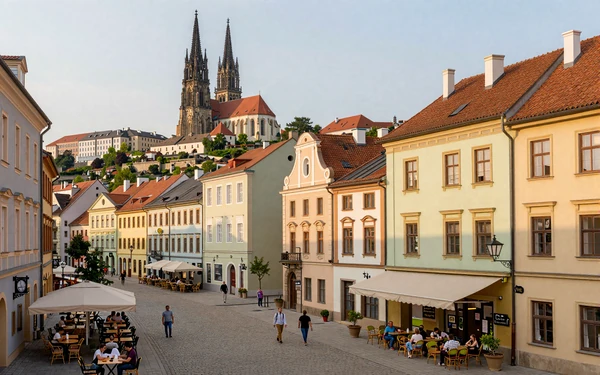 Brno city center featuring Petrov Cathedral and charming outdoor café terraces perfect for dating