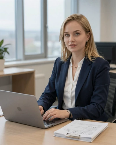 Professional Belarusian woman in a modern office in Minsk, demonstrating the career achievement and independence of Belarusian singles
