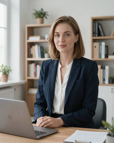 Professional Polish woman in a modern Warsaw office, demonstrating the career achievement of Polish singles