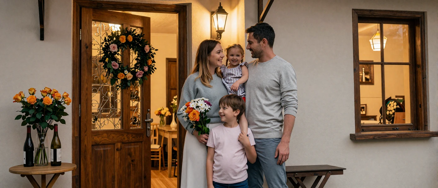 Warm Eastern European family home entrance with flowers and gifts ready for a family meeting
