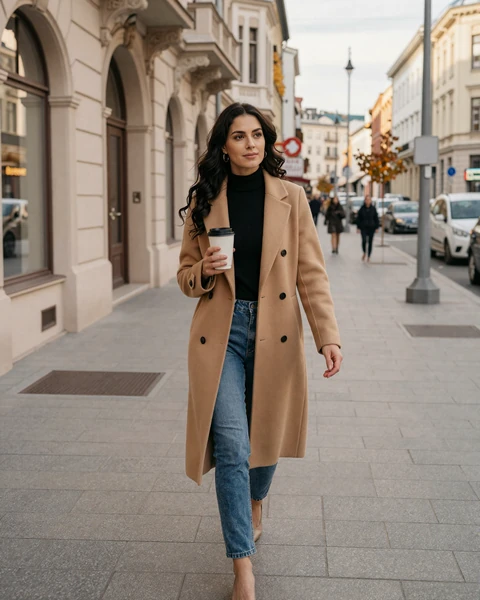 Stylish Hungarian woman walking along Andrássy Avenue in Budapest during autumn