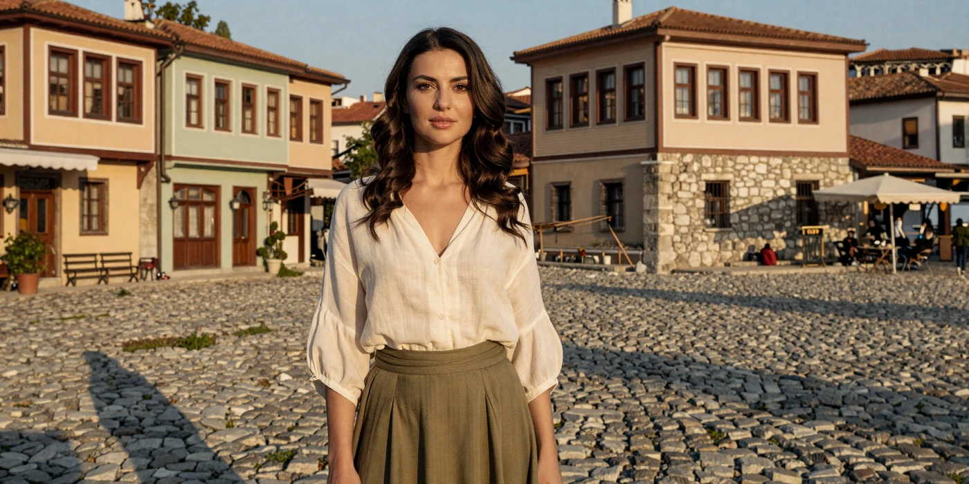 Beautiful Bulgarian woman standing in the historic old town of Plovdiv at golden hour
