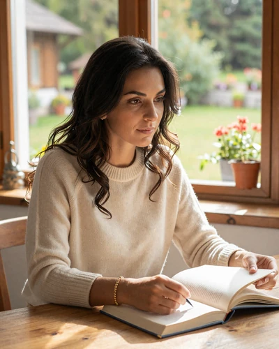 Bulgarian woman reading in a sunlit room overlooking a Bulgarian garden, reflecting the intellectual depth of Bulgarian singles
