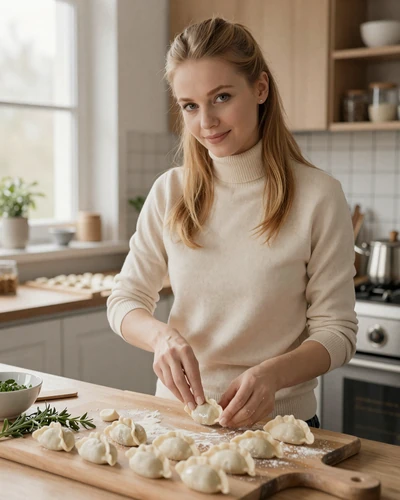 Polish woman preparing traditional pierogi in a modern home kitchen, illustrating Polish family devotion and culinary tradition