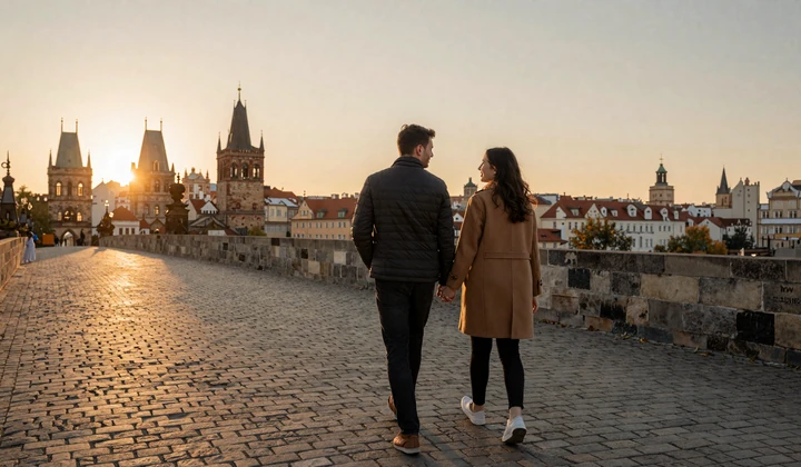 An American man and Slavic woman walking together across a romantic European bridge during their in-person visit