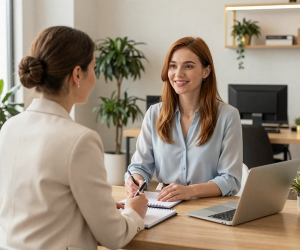 Professional agency staff conducting a face-to-face verification interview with a prospective member in our Mykolaiv office