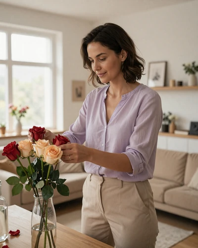 Bulgarian woman arranging roses in a bright modern apartment, illustrating Bulgarian warmth and domestic devotion