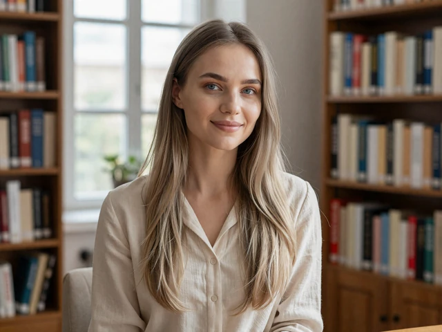 Educated Slavic woman reading in a sunlit library, representing beauty combined with intellectual curiosity