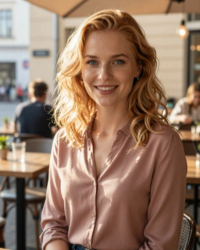 Karolina, 31, from Warsaw - a Polish woman with strawberry blonde hair at a sunlit cafe
