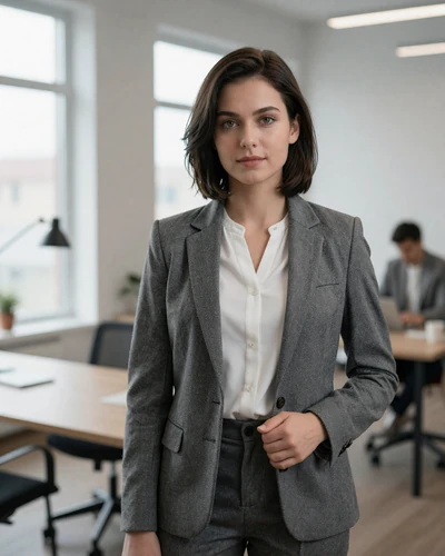 Professional Russian woman in a modern office setting, representing the career ambitions of Russian women seeking international partners