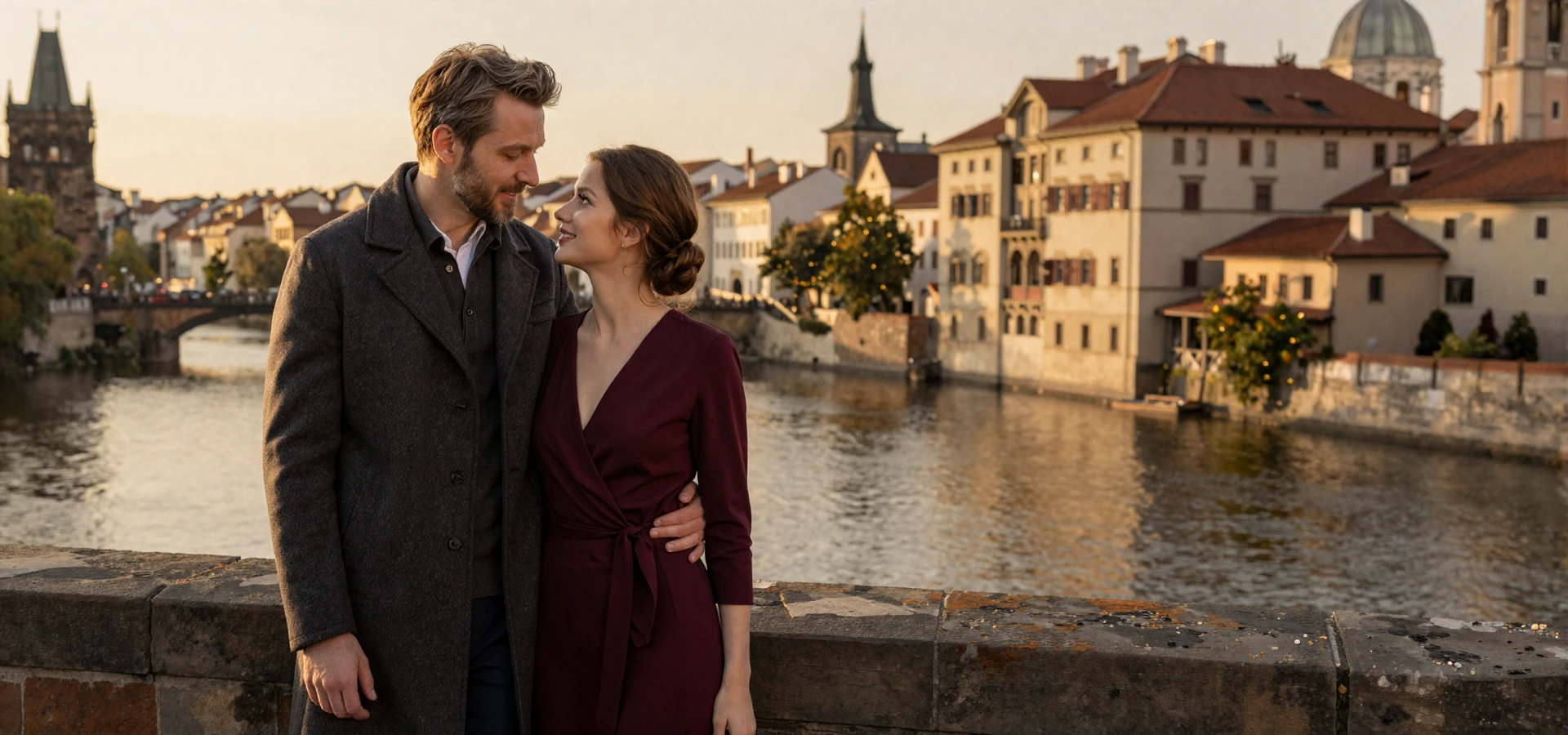 A happy American man and Slavic woman standing together on a European bridge at golden hour