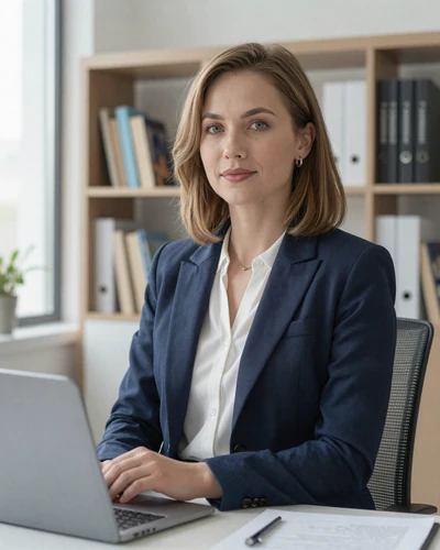 Professional Ukrainian woman in a modern office, demonstrating the career achievement and intelligence of Ukrainian singles