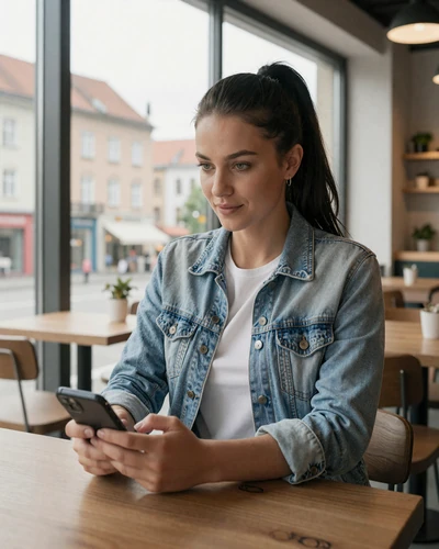 Modern Slovakian woman using her phone at a Bratislava cafe, representing the international-minded Slovak dating demographic
