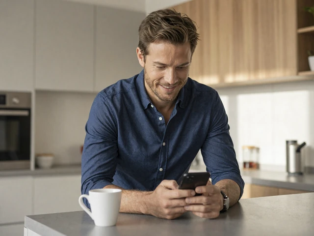 American man confidently browsing verified dating profiles on his phone at home, demonstrating safe online dating habits
