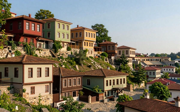 Plovdiv old town with colorful Revival-era houses and ancient Roman amphitheater ruins