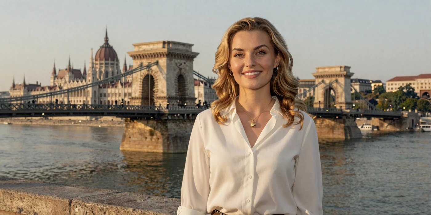 Beautiful Hungarian woman smiling by the Danube River in Budapest at golden hour