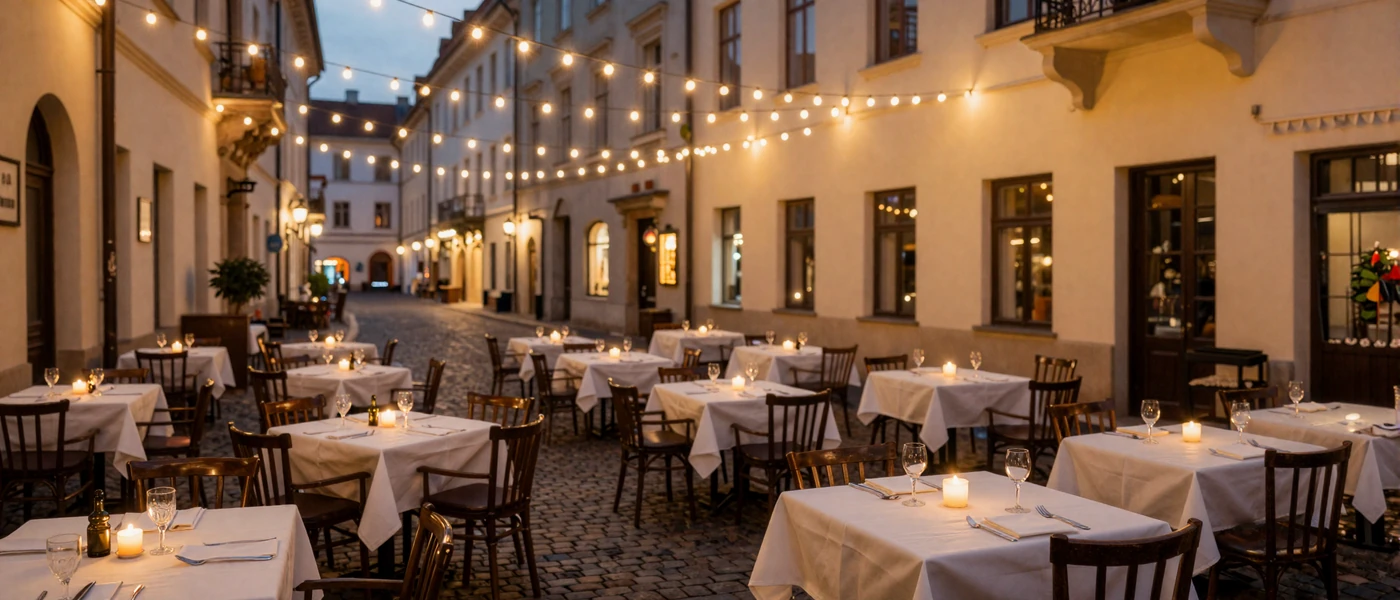 Romantic European restaurant terrace with candlelit tables and warm string lights, ideal first date setting for Slavic dating