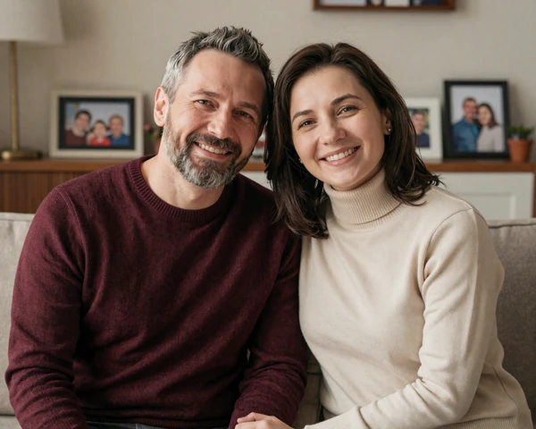 Robert and Olga, a married couple from Denver and St. Petersburg, sharing a loving moment at home