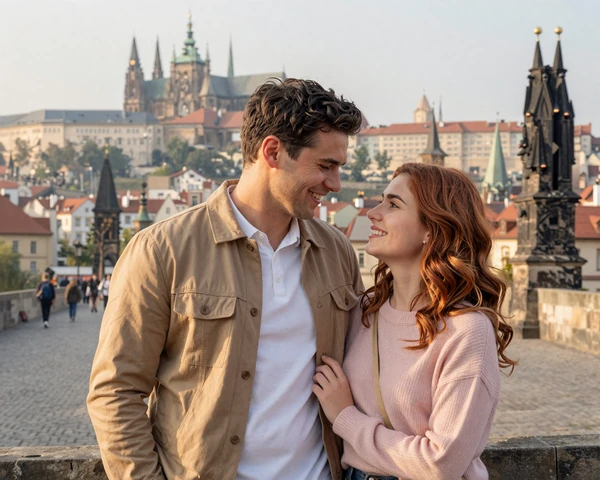 James and Petra standing together on Charles Bridge in Prague, Czech Republic