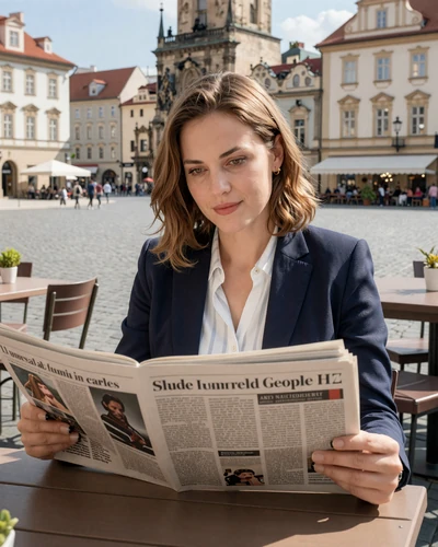 Czech woman reading at an outdoor Prague cafe, reflecting the intellectual confidence of Czech singles