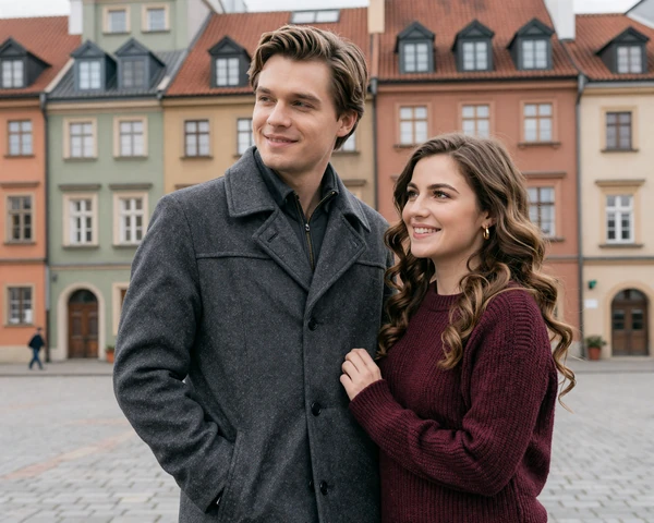 David and Natalia, an engaged couple from Seattle and Warsaw, standing together in Warsaw Old Town