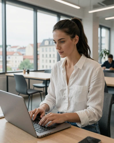Modern Czech woman working at a coworking space in Prague, representing the career-oriented Czech dating demographic