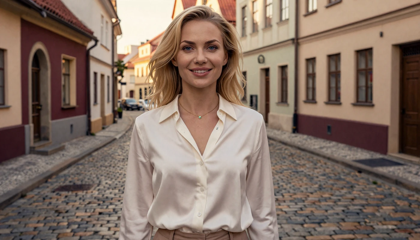 Elegant Slavic woman smiling warmly on a romantic European cobblestone street at golden hour