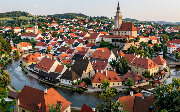 Fairy-tale medieval town of Český Krumlov with the Vltava River creating a romantic getaway setting